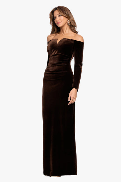 Petite "Christy" Off the Shoulder Velvet Dress Brown XSCAPE