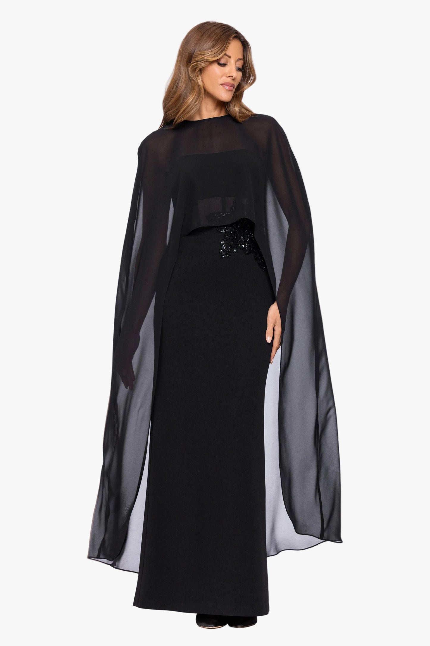 "Lee" Souffle Chiffon Long Cape Black XSCAPE