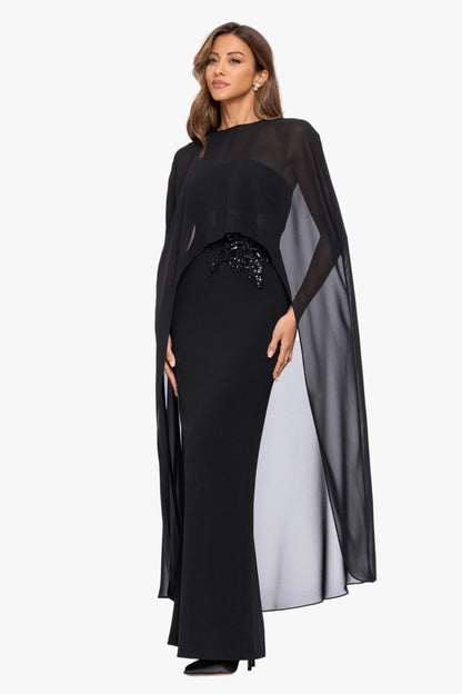"Lee" Souffle Chiffon Long Cape Black XSCAPE