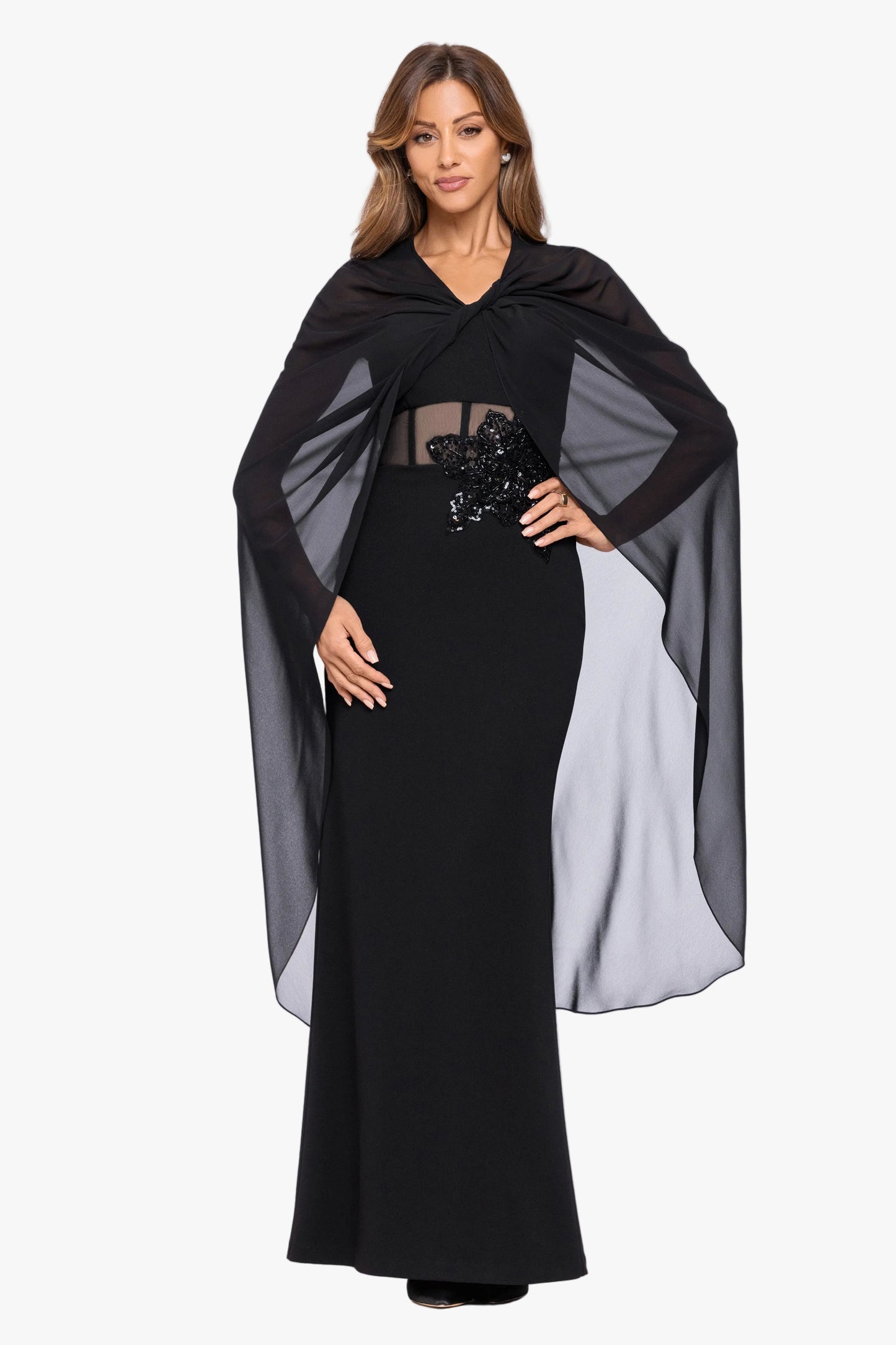 "Rose" Chiffon Twist Knot Long Cape Black XSCAPE