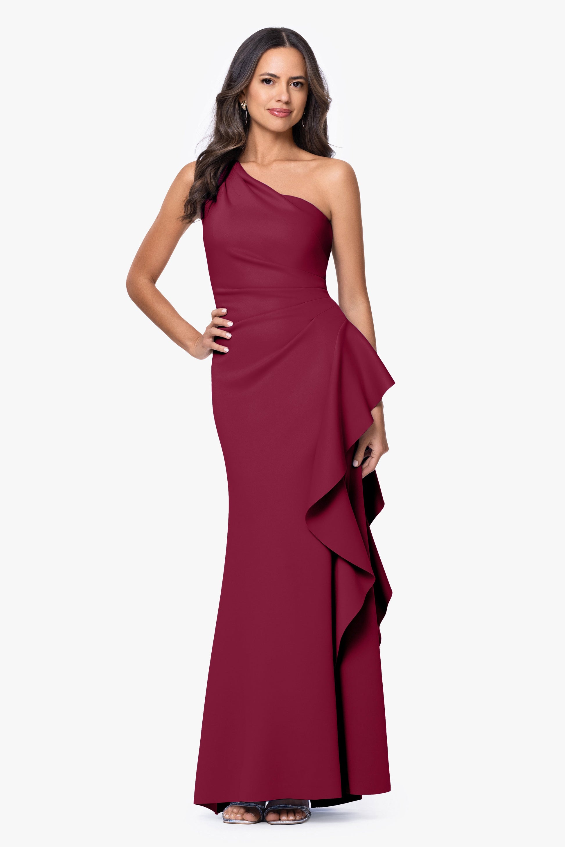 "Flo" Long Techno Scuba One Shoulder Ruffle Dress Sangria XSCAPE