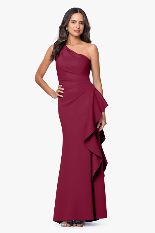 "Flo" Long Techno Scuba One Shoulder Ruffle Dress Sangria XSCAPE