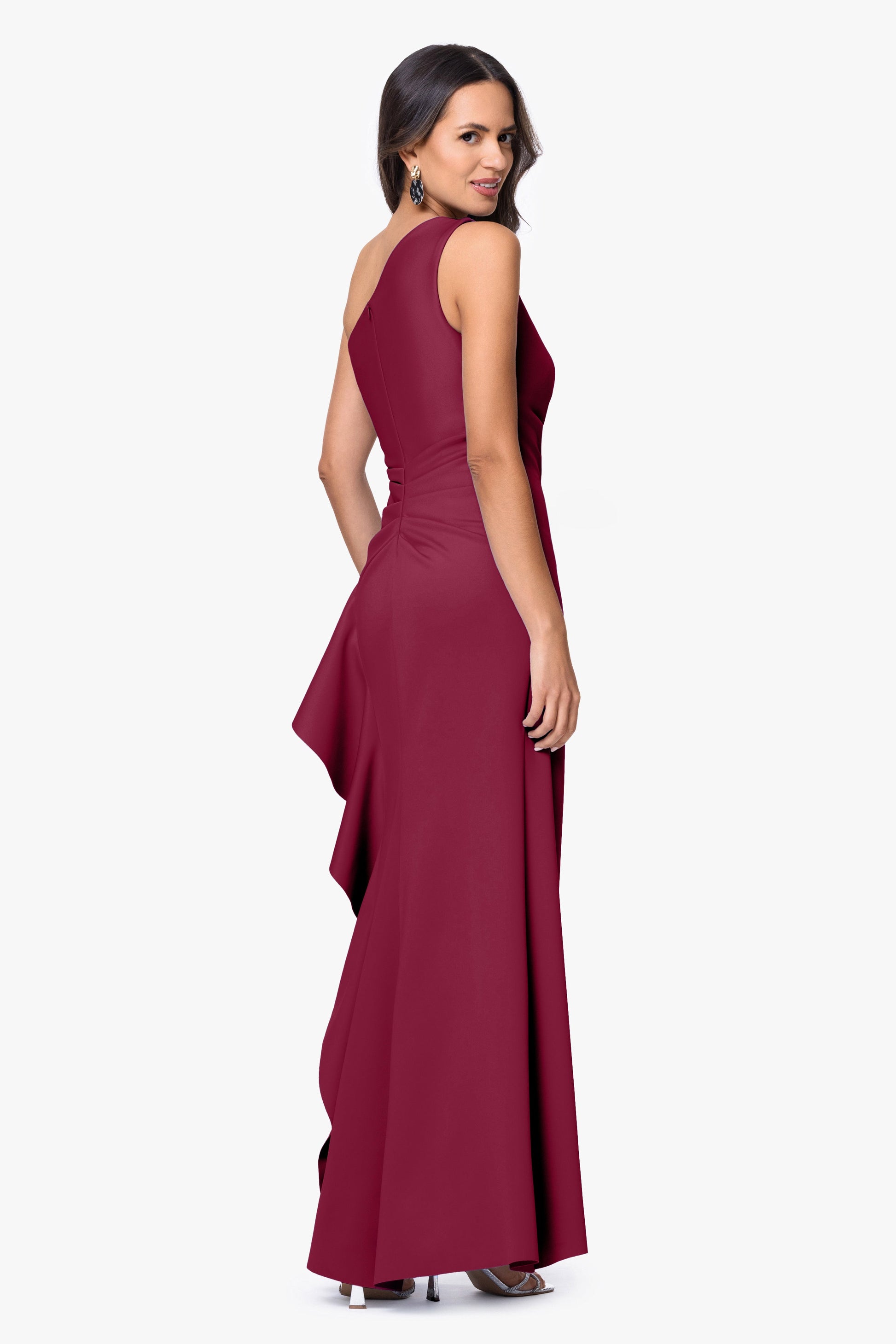 "Flo" Long Techno Scuba One Shoulder Ruffle Dress Sangria XSCAPE