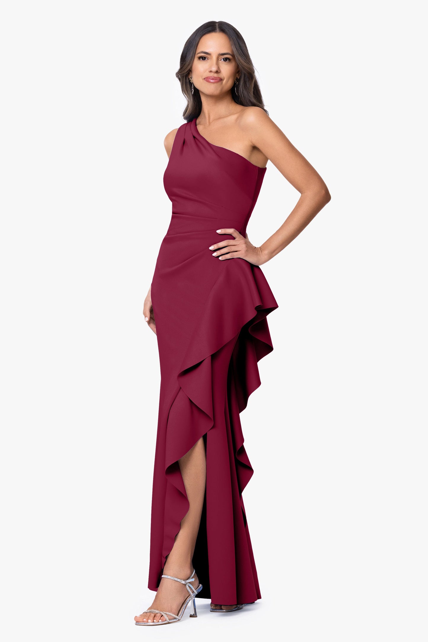 "Flo" Long Techno Scuba One Shoulder Ruffle Dress Sangria XSCAPE