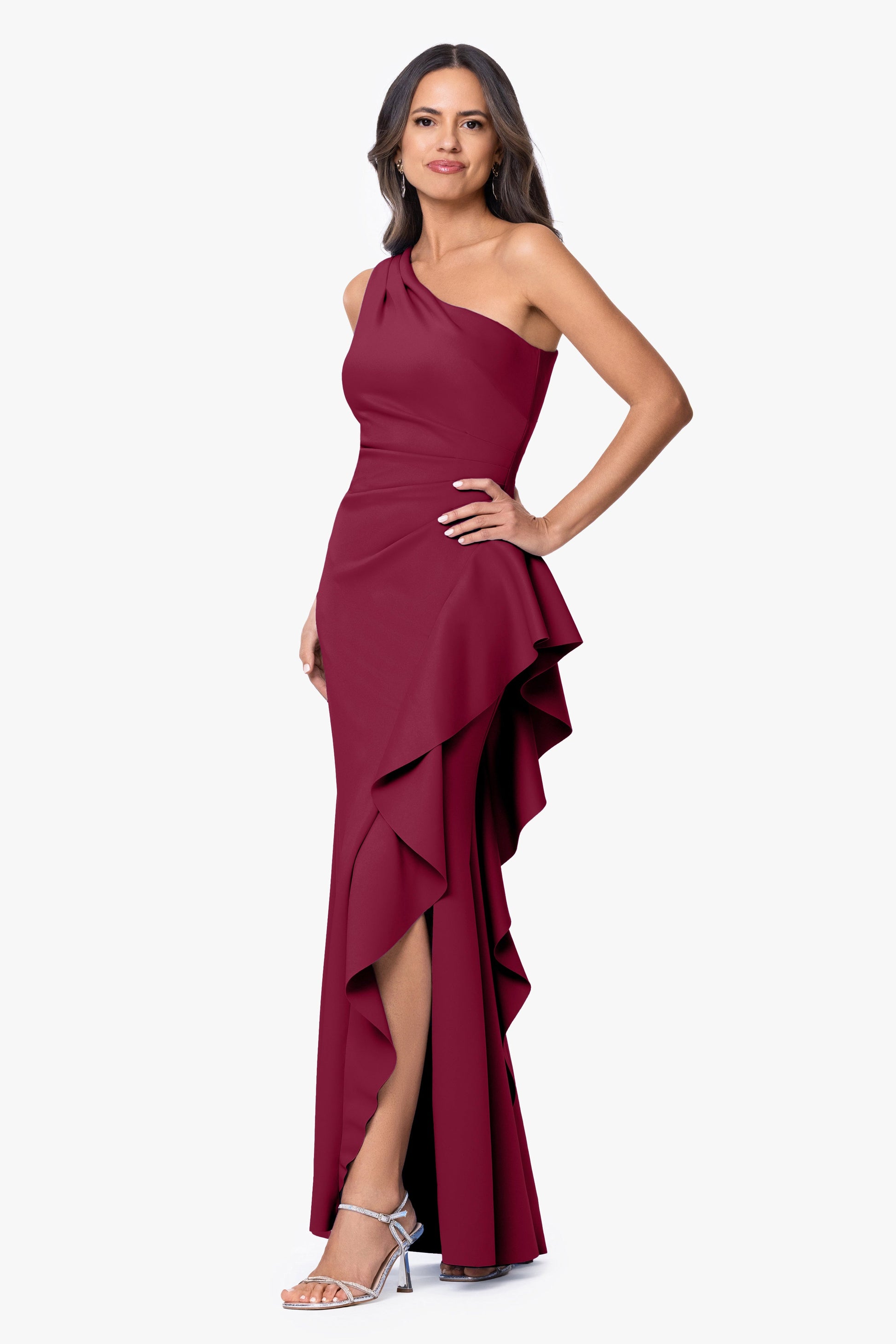 "Flo" Long Techno Scuba One Shoulder Ruffle Dress Sangria XSCAPE