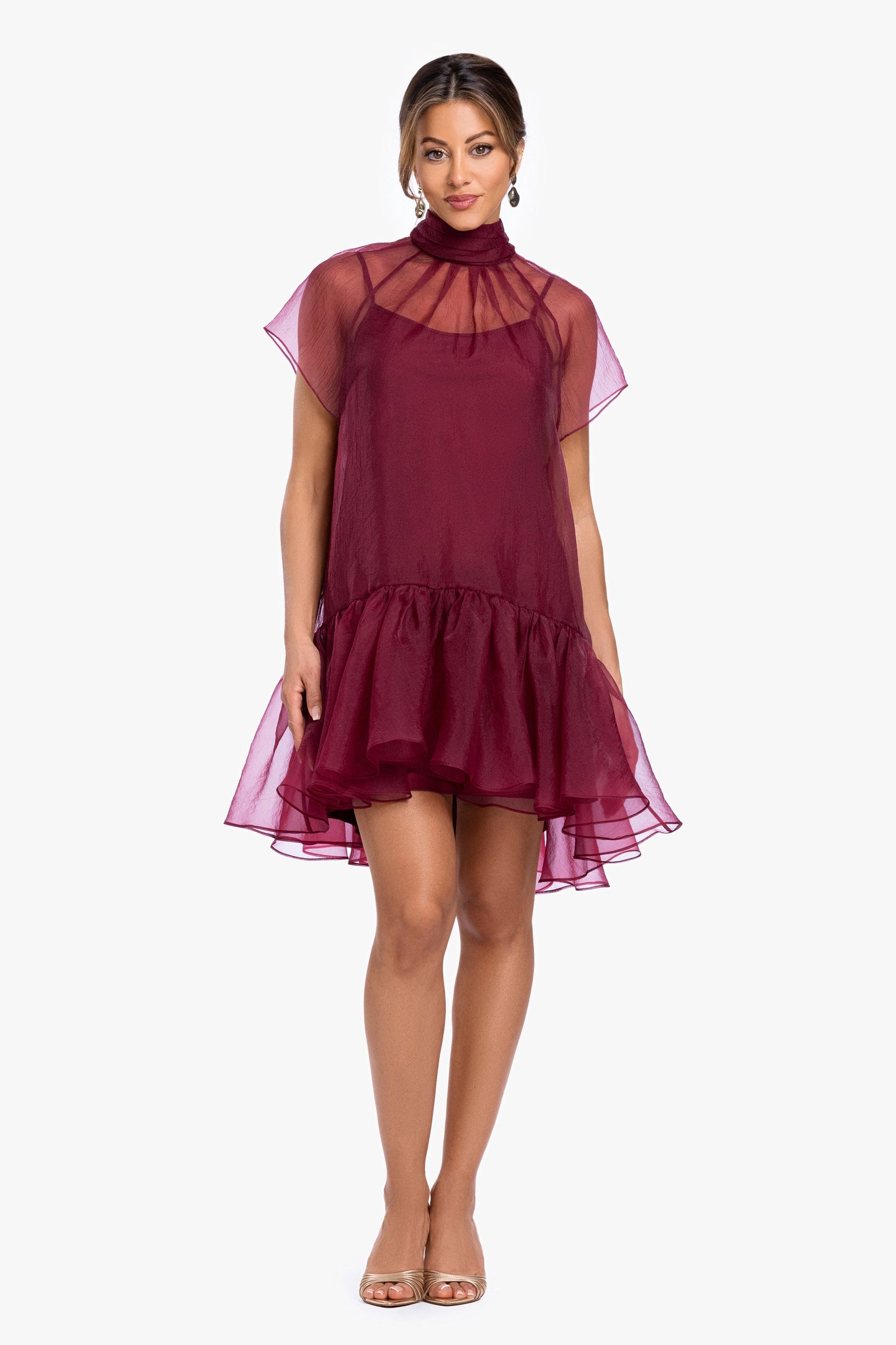 "Shauna" Organza Shift Mock Neck Short Dress Garnet XSCAPE