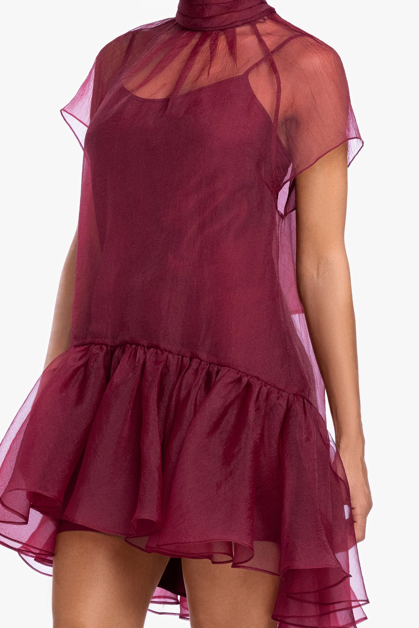 "Shauna" Organza Shift Mock Neck Short Dress Garnet XSCAPE