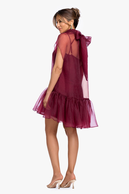 "Shauna" Organza Shift Mock Neck Short Dress Garnet XSCAPE
