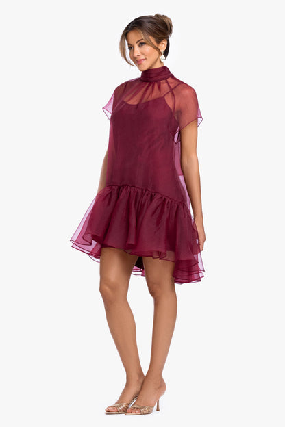 "Shauna" Organza Shift Mock Neck Short Dress Garnet XSCAPE