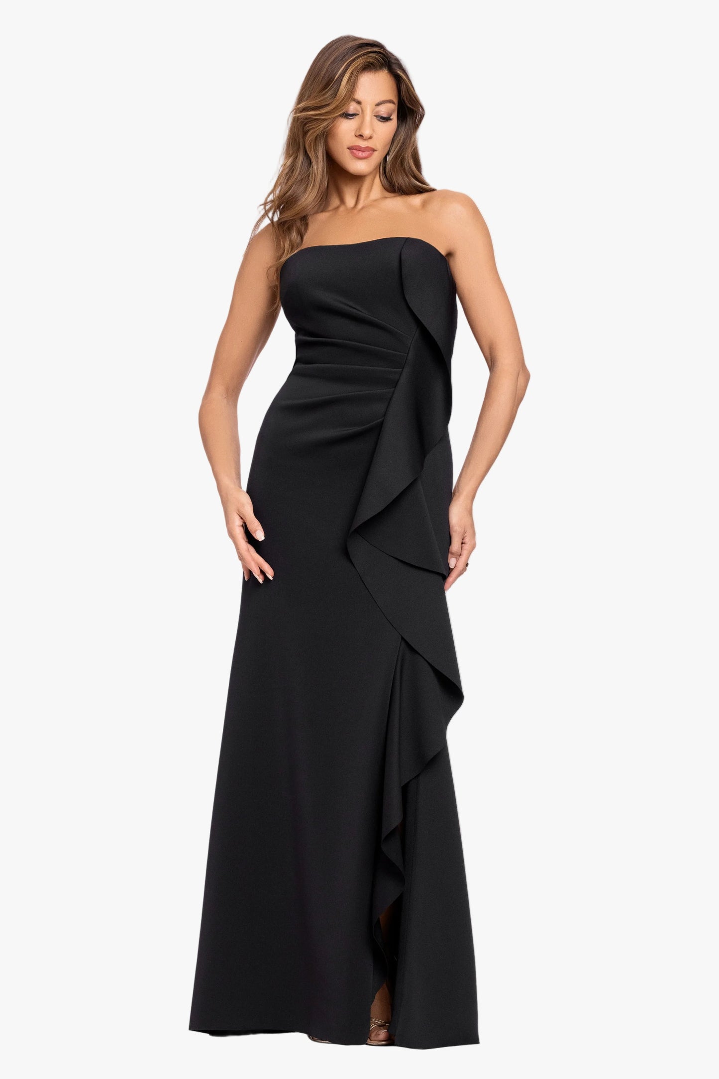 "Brianne" Techno Scuba Side Ruffle Dress Black XSCAPE