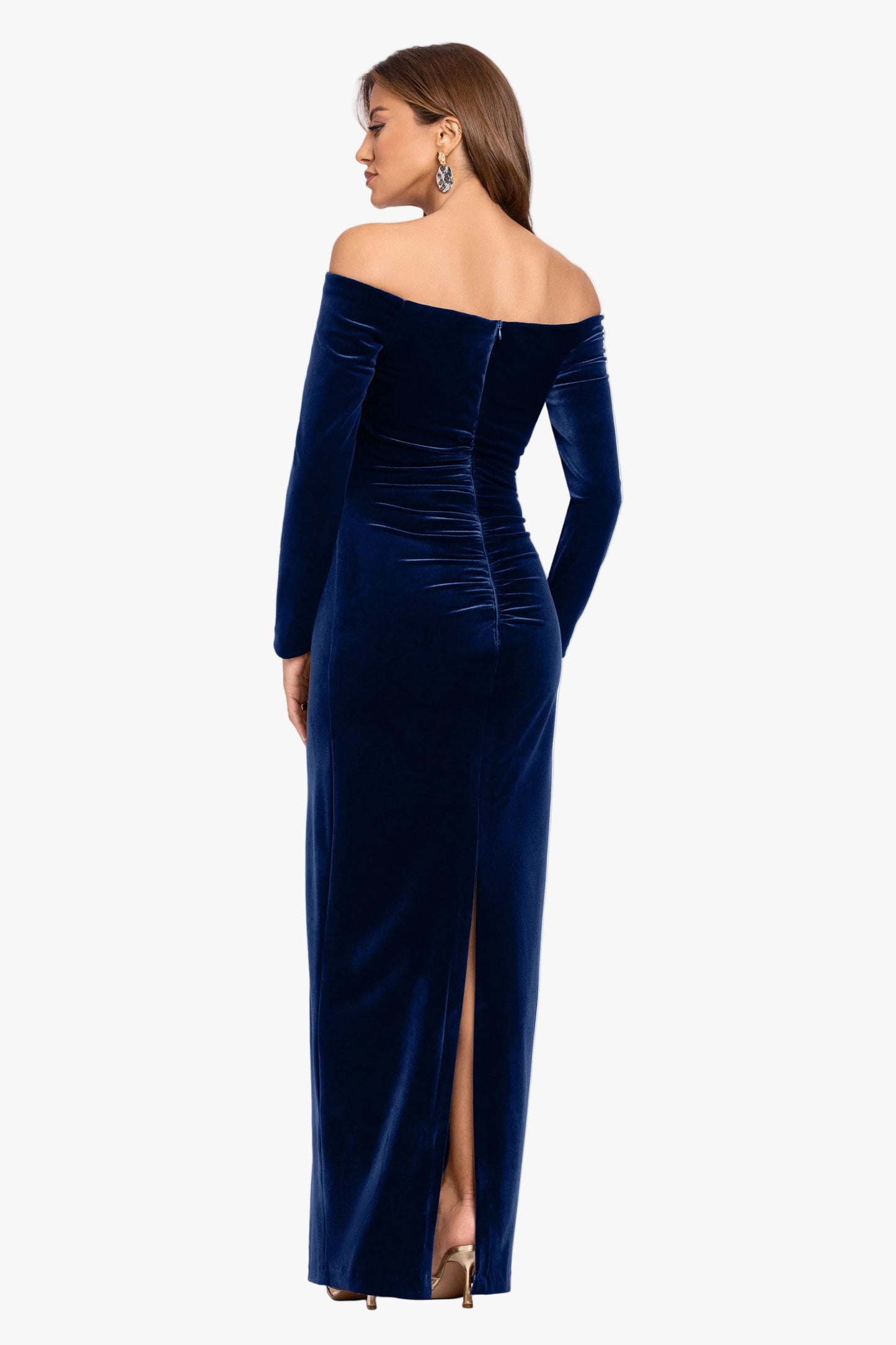 "Christy" Off the Shoulder Velvet Dress Navy XSCAPE