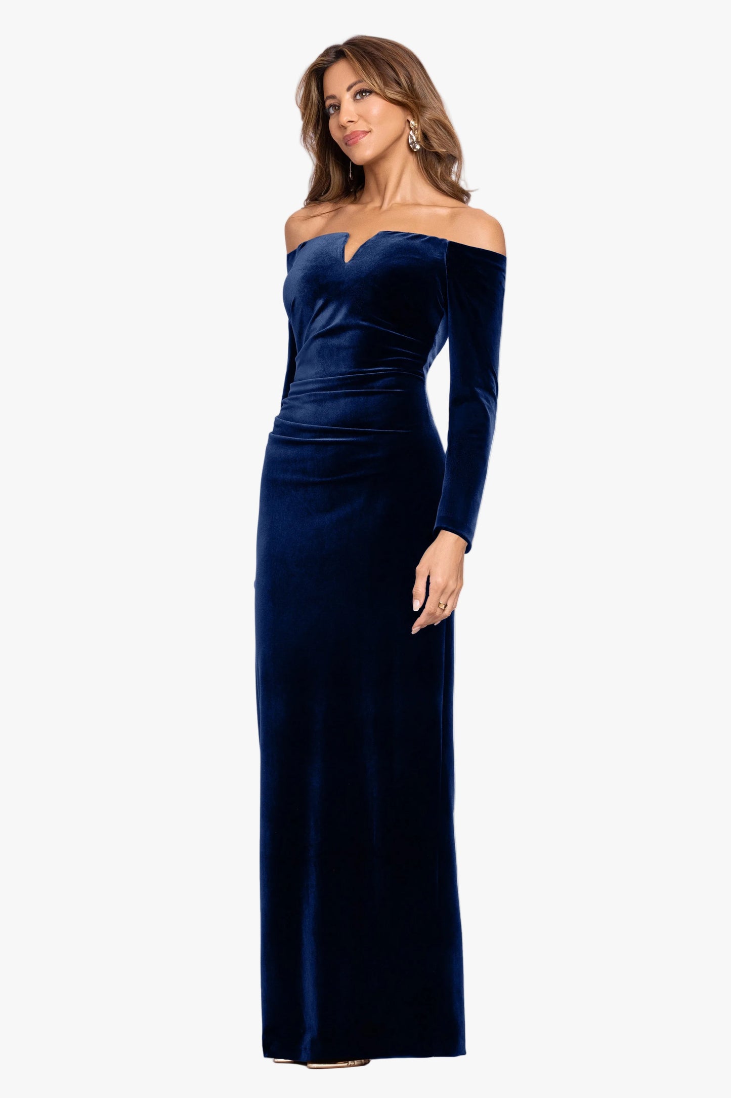 "Christy" Off the Shoulder Velvet Dress Navy XSCAPE