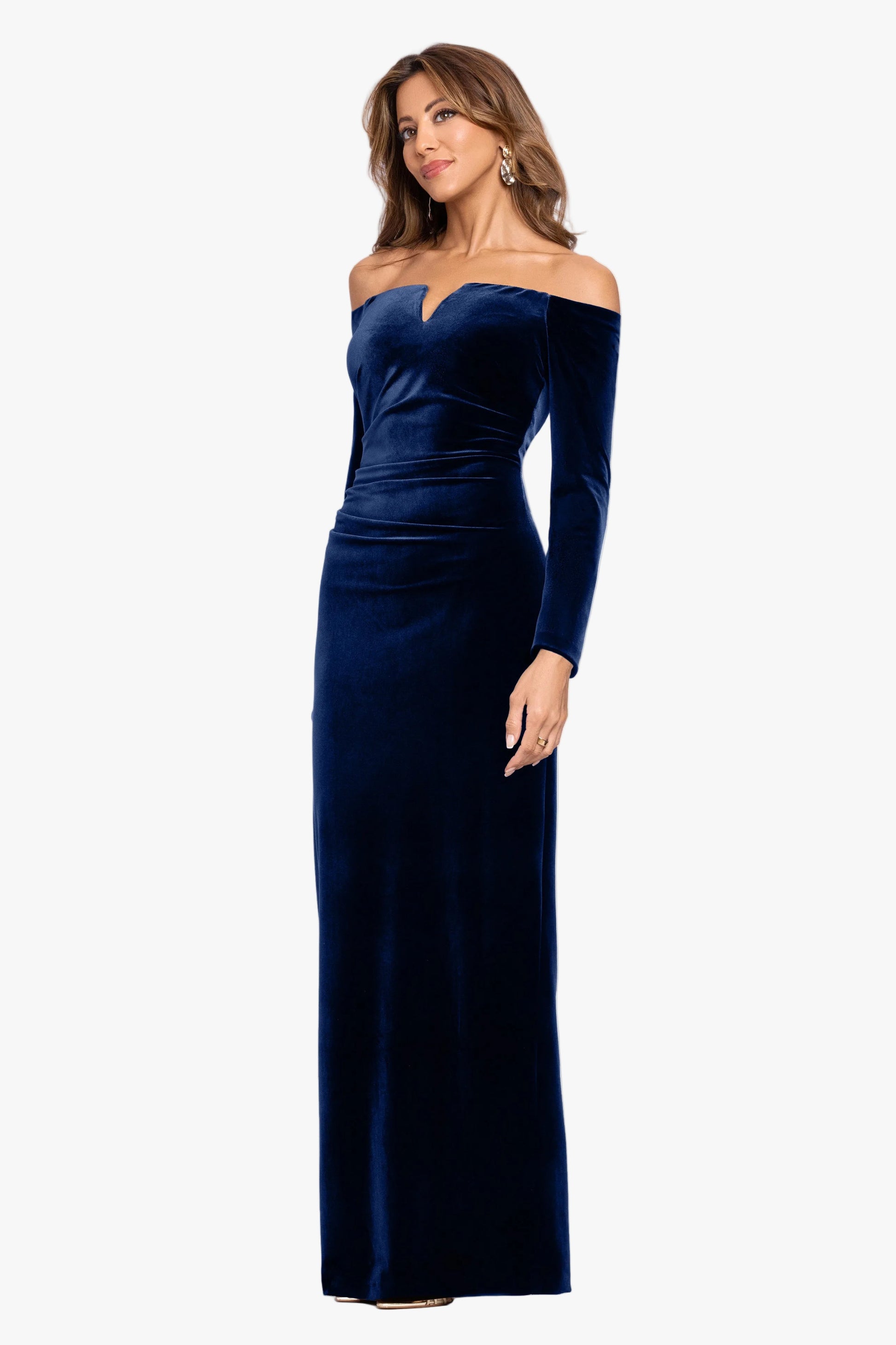 "Christy" Off the Shoulder Velvet Dress Navy XSCAPE