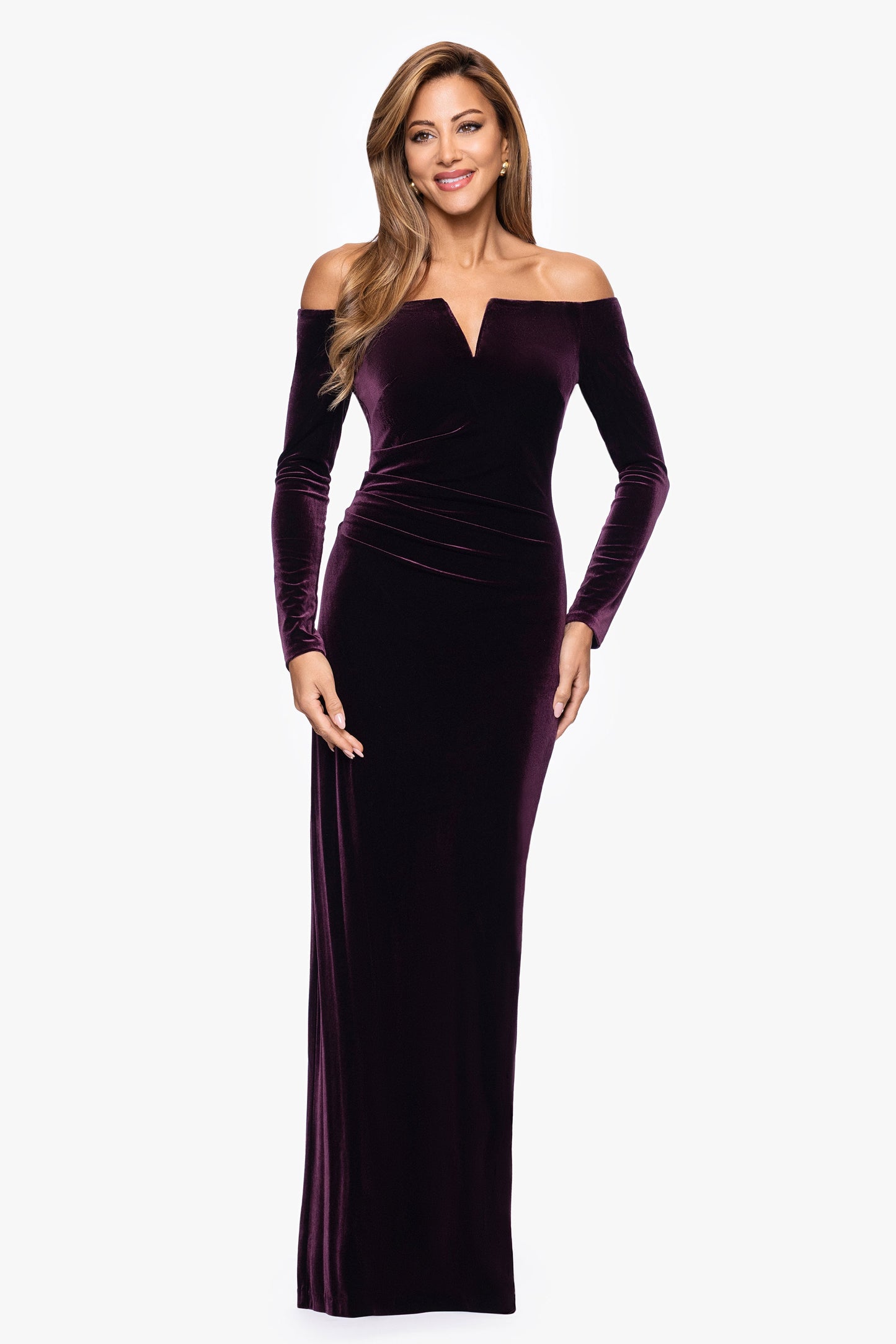 "Christy" Off the Shoulder Velvet Dress Maroon XSCAPE