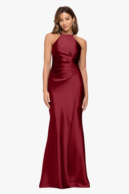 "Iliana" Satin Tie Neck Rouch Back Dress Wine XSCAPE