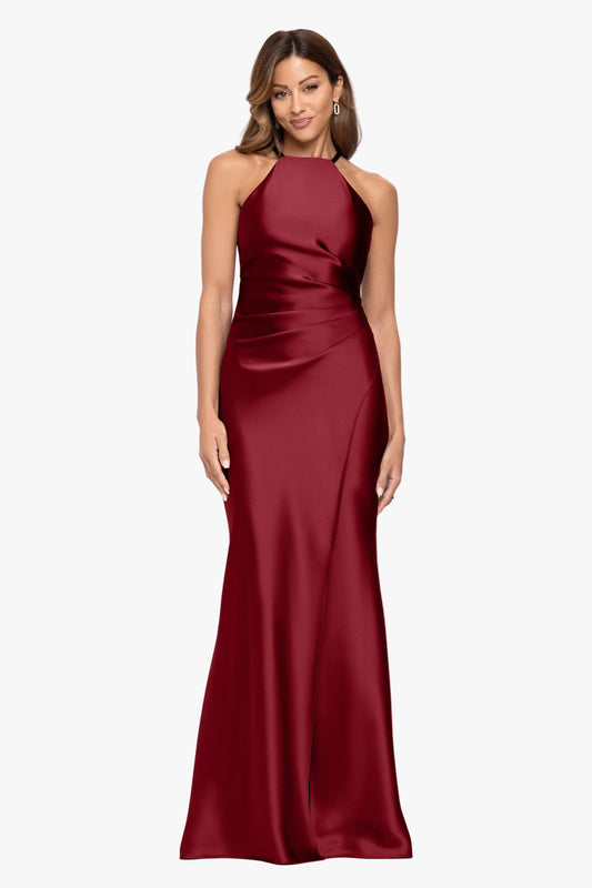 "Iliana" Satin Tie Neck Rouch Back Dress Wine XSCAPE