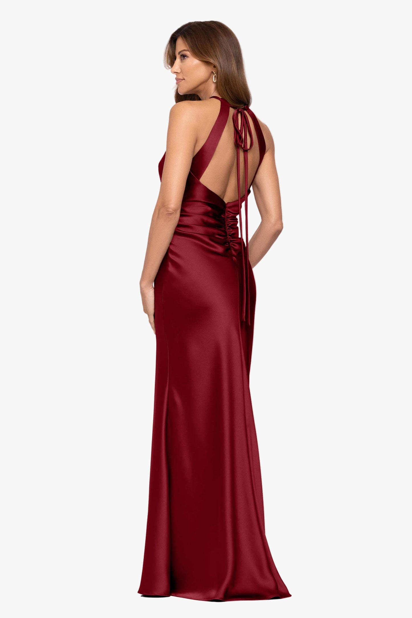 "Iliana" Satin Tie Neck Rouch Back Dress Wine XSCAPE