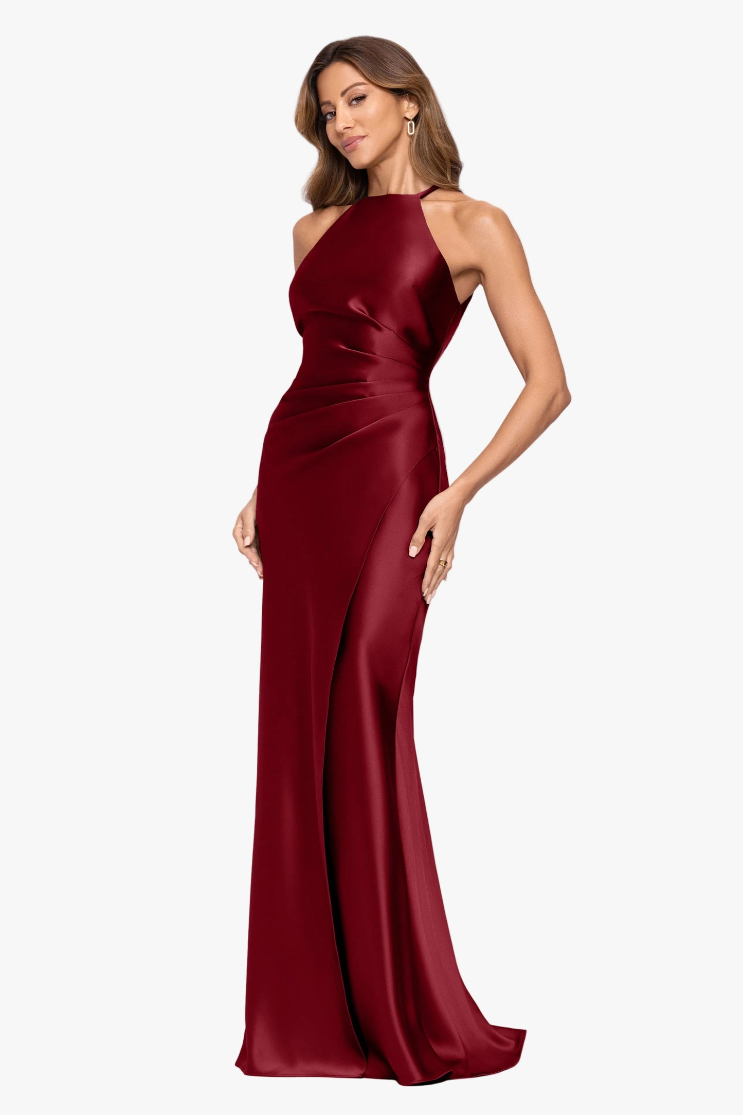 "Iliana" Satin Tie Neck Rouch Back Dress Wine XSCAPE
