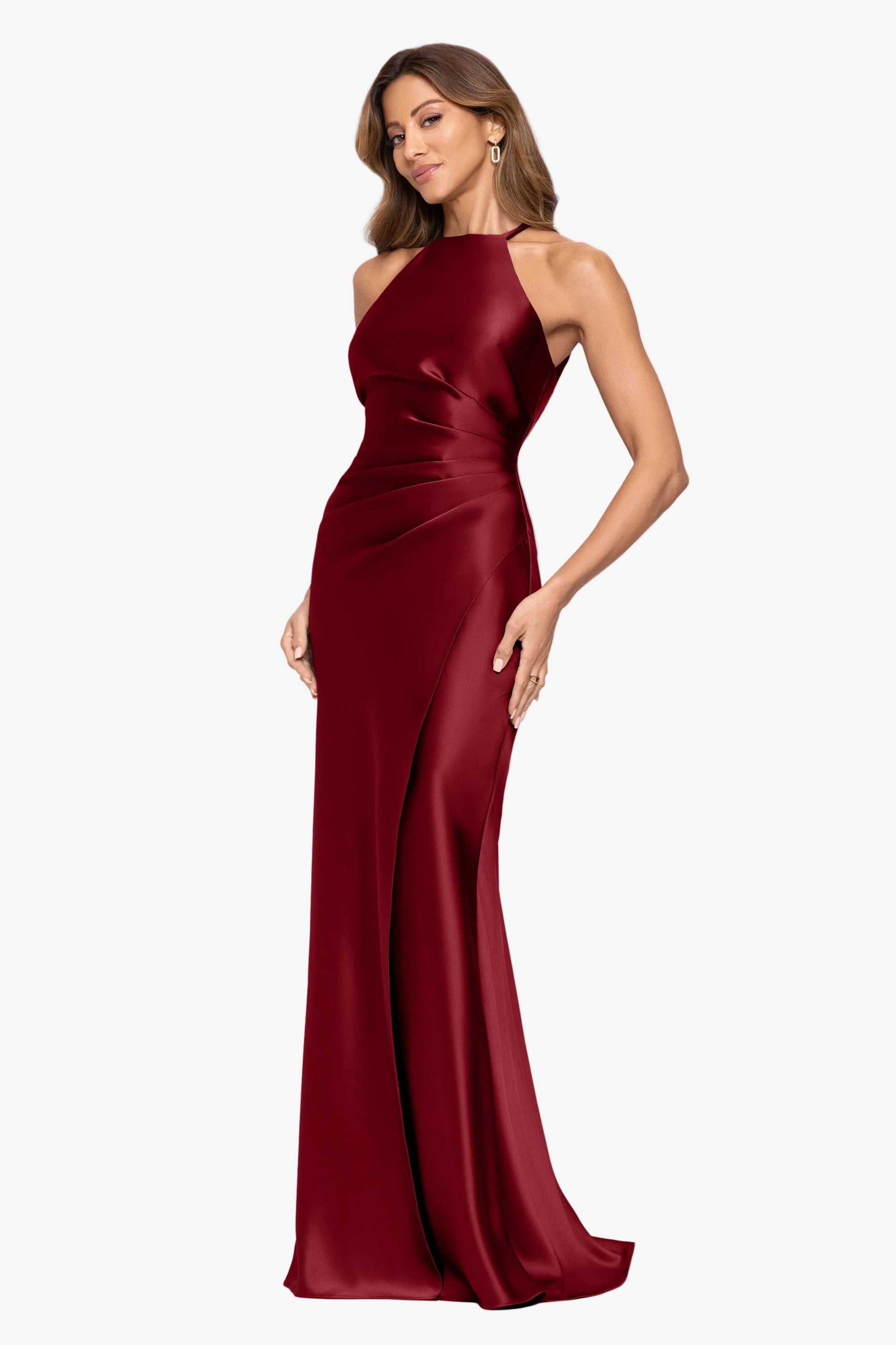 "Iliana" Satin Tie Neck Rouch Back Dress Wine XSCAPE