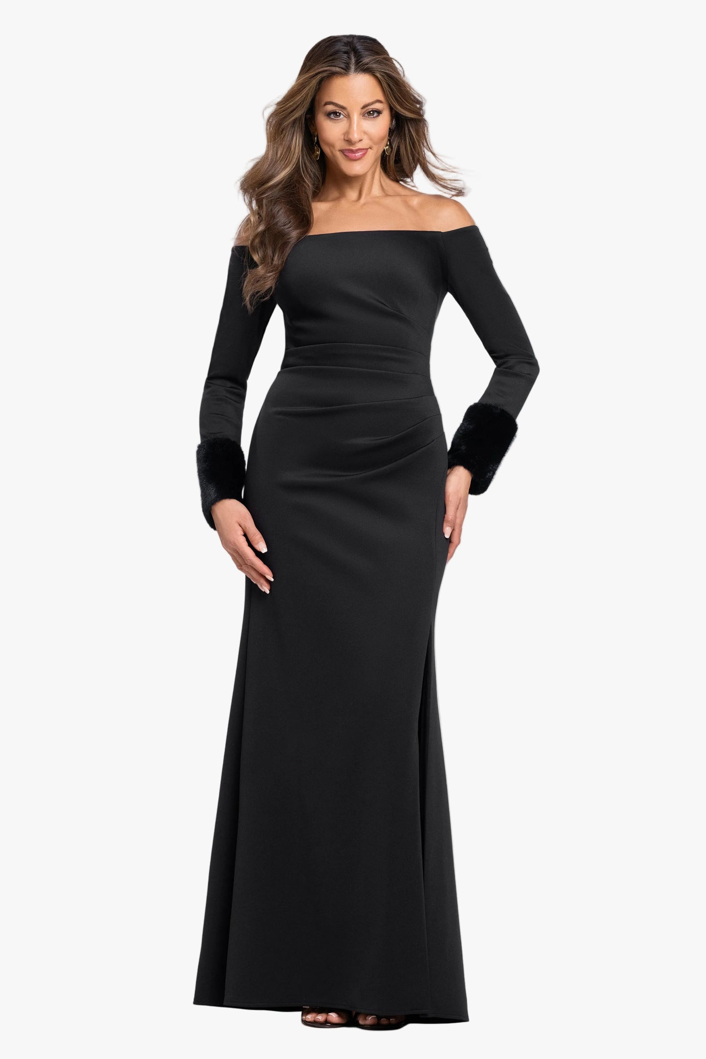 "Carolina" Techno Scuba Off The Shoulder Fur Sleeve Dress Black XSCAPE