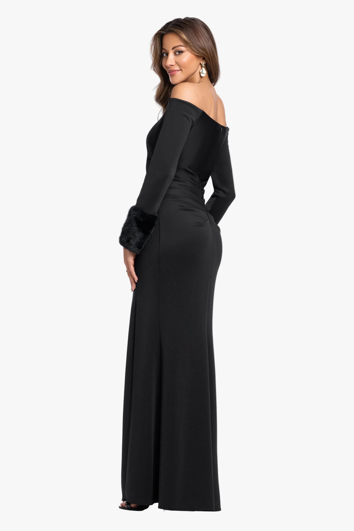"Carolina" Techno Scuba Off The Shoulder Fur Sleeve Dress Black XSCAPE