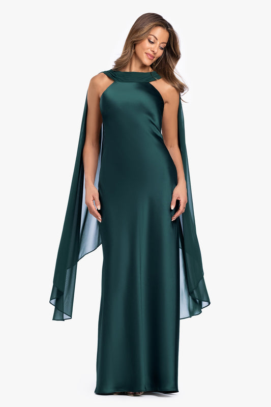 Petite "Monica" Satin & Hammered Chiffon Scarf Dress Hunter XSCAPE