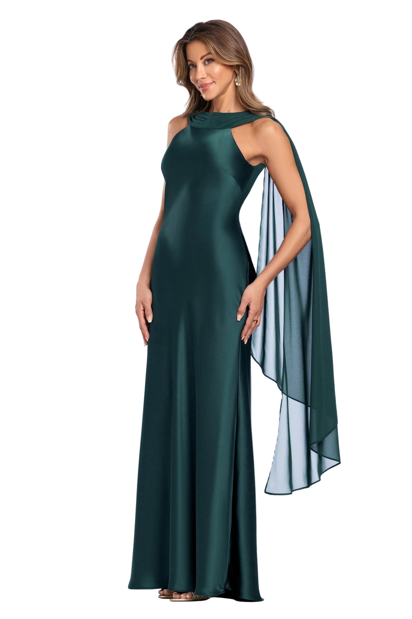 Petite "Monica" Satin & Hammered Chiffon Scarf Dress Hunter XSCAPE