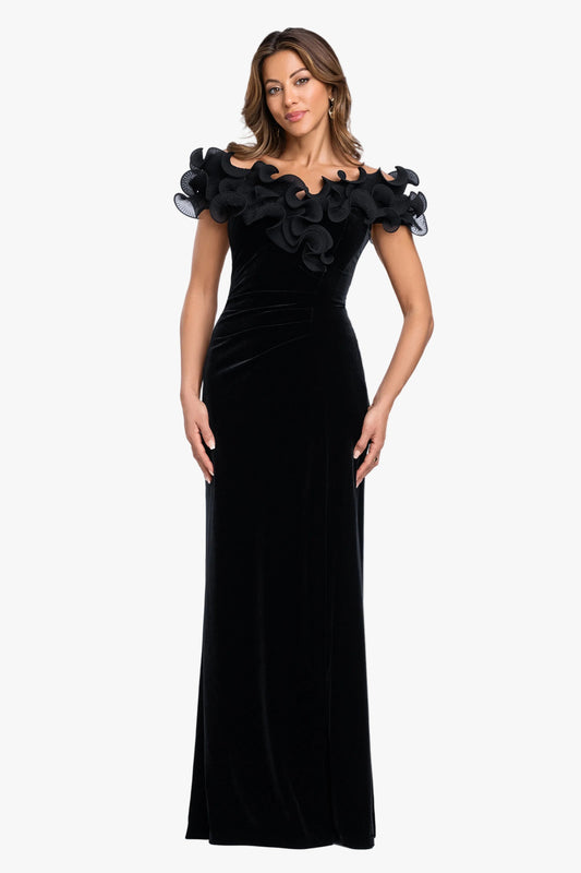 "Amora" Velvet Off The Shoulder Chiffon Ruffle Dress Black XSCAPE
