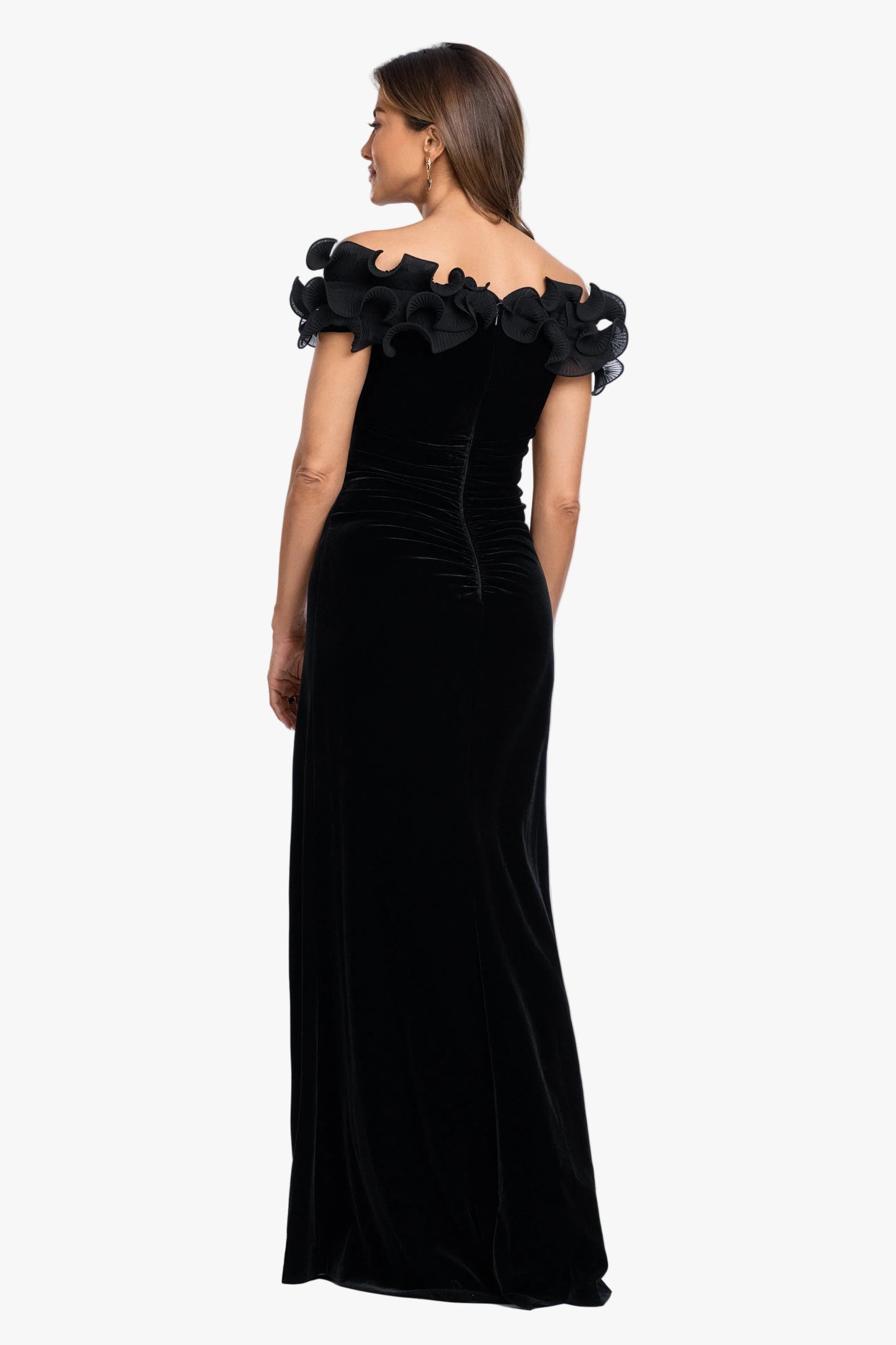 "Amora" Velvet Off The Shoulder Chiffon Ruffle Dress Black XSCAPE