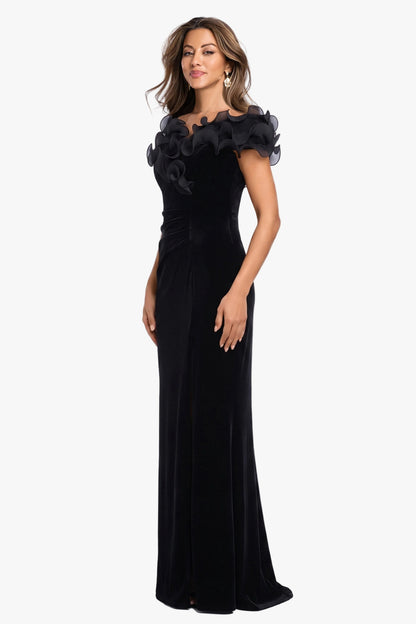 "Amora" Velvet Off The Shoulder Chiffon Ruffle Dress Black XSCAPE