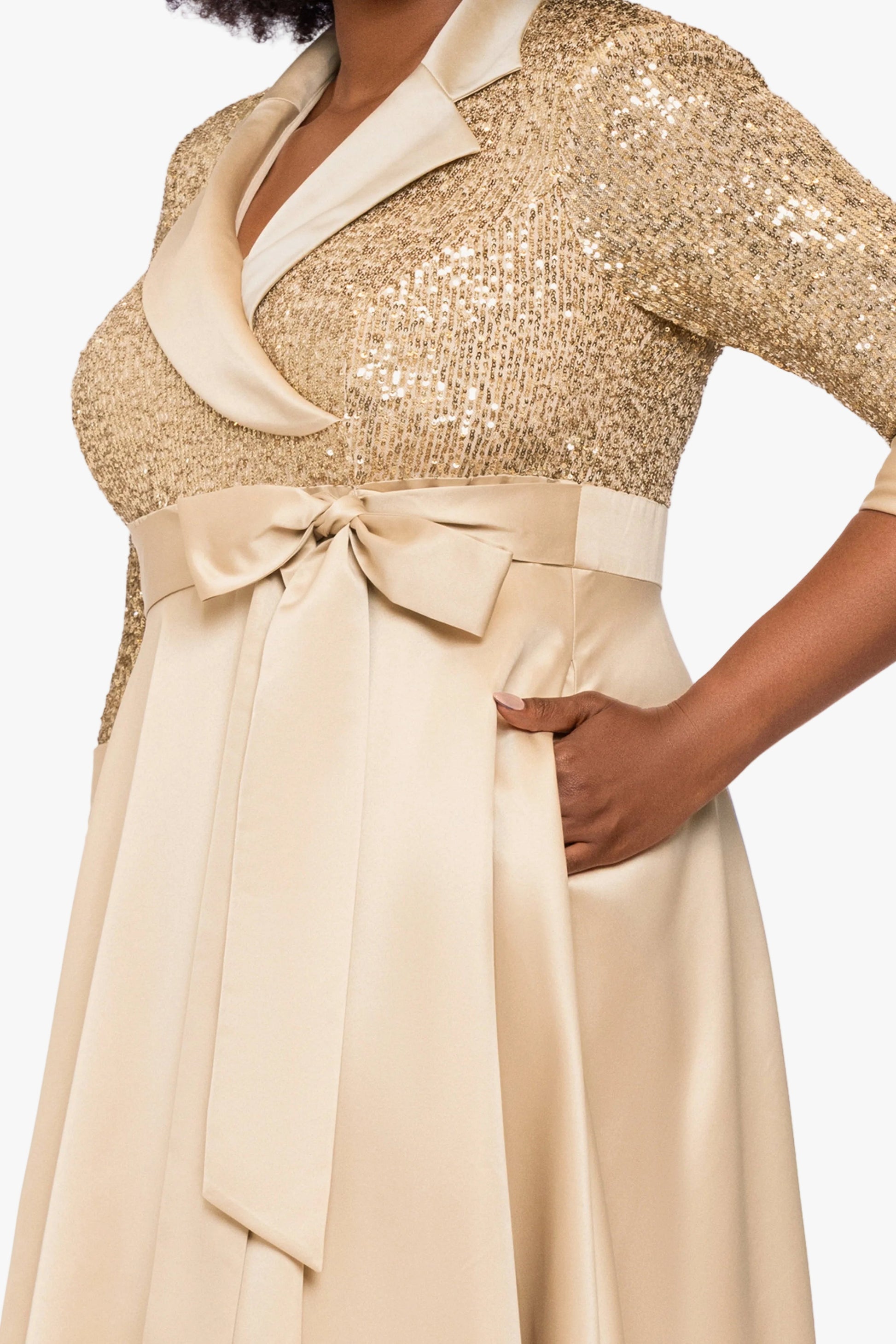 Plus "Megan" Tuxedo Sequin & Lamour Satin Ballgown Gold XSCAPE