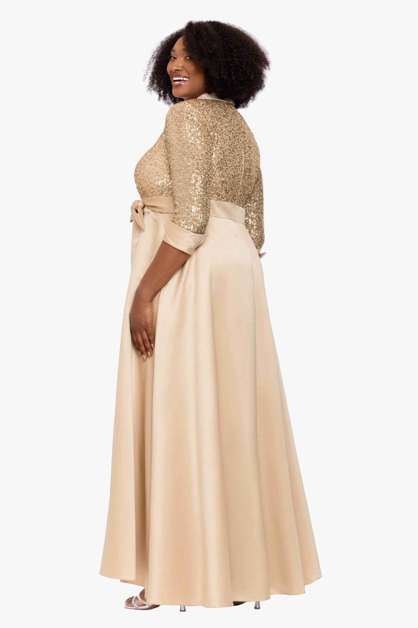 Plus "Megan" Tuxedo Sequin & Lamour Satin Ballgown Gold XSCAPE