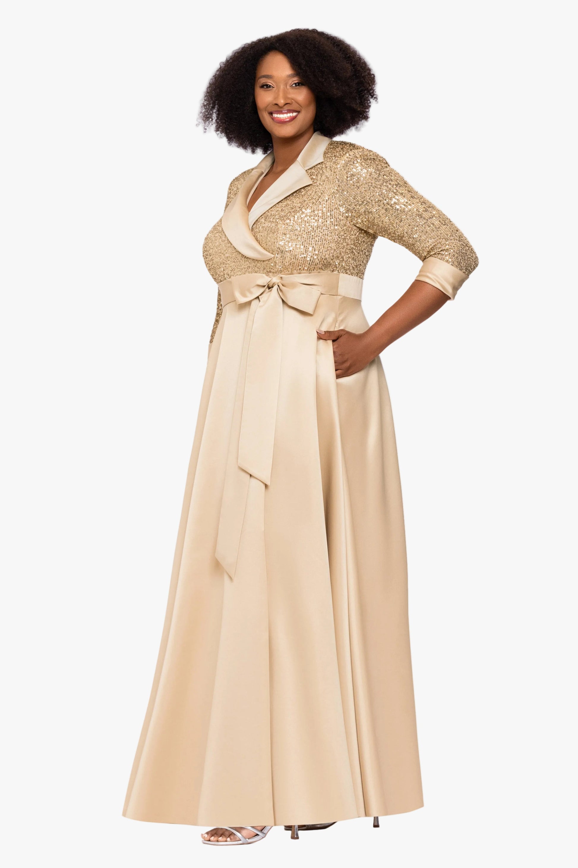 Plus "Megan" Tuxedo Sequin & Lamour Satin Ballgown Gold XSCAPE