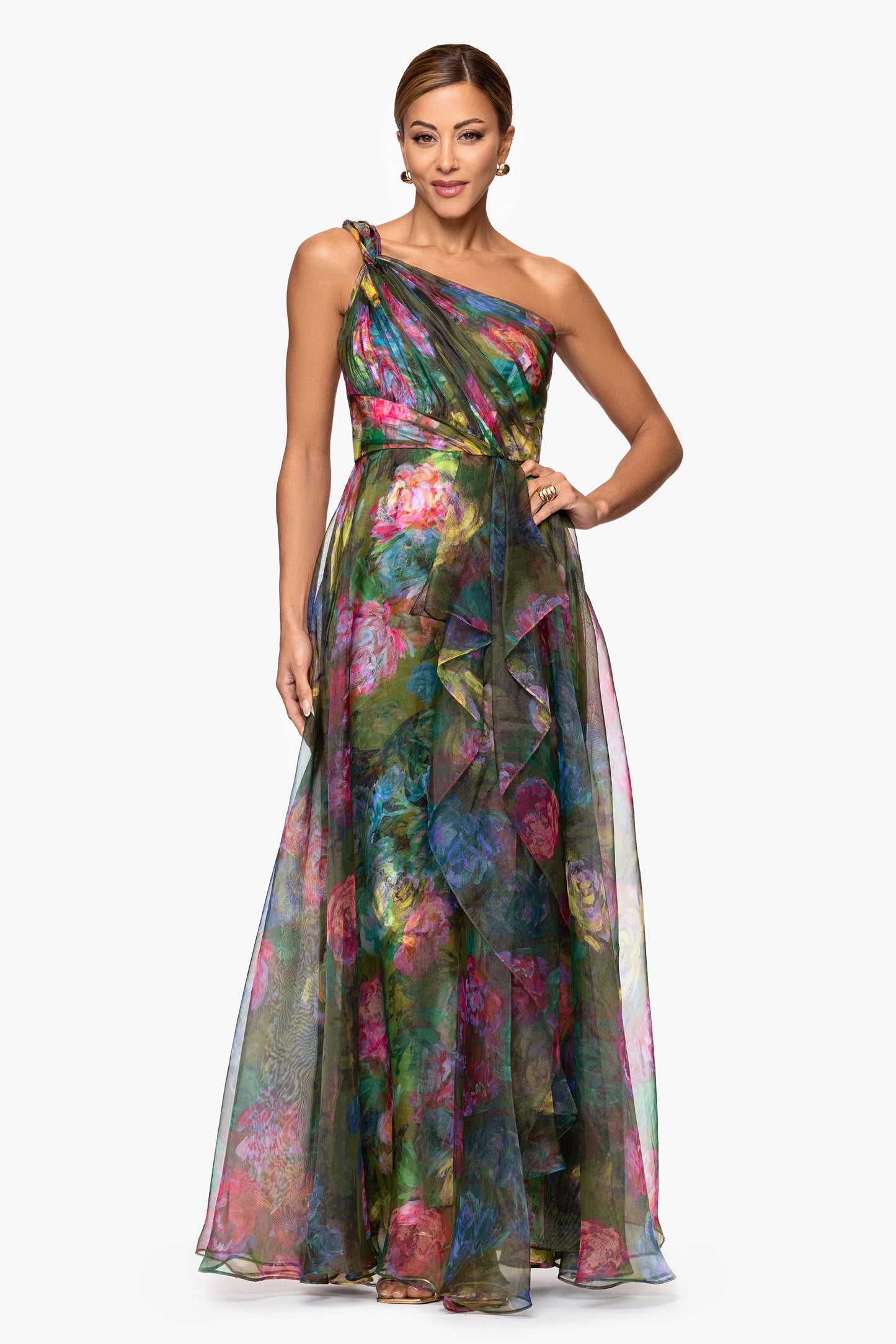 "Vera" Print Organza One Shoulder Floor Length Dress Green/Multi XSCAPE