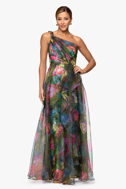 "Vera" Print Organza One Shoulder Floor Length Dress Green/Multi XSCAPE
