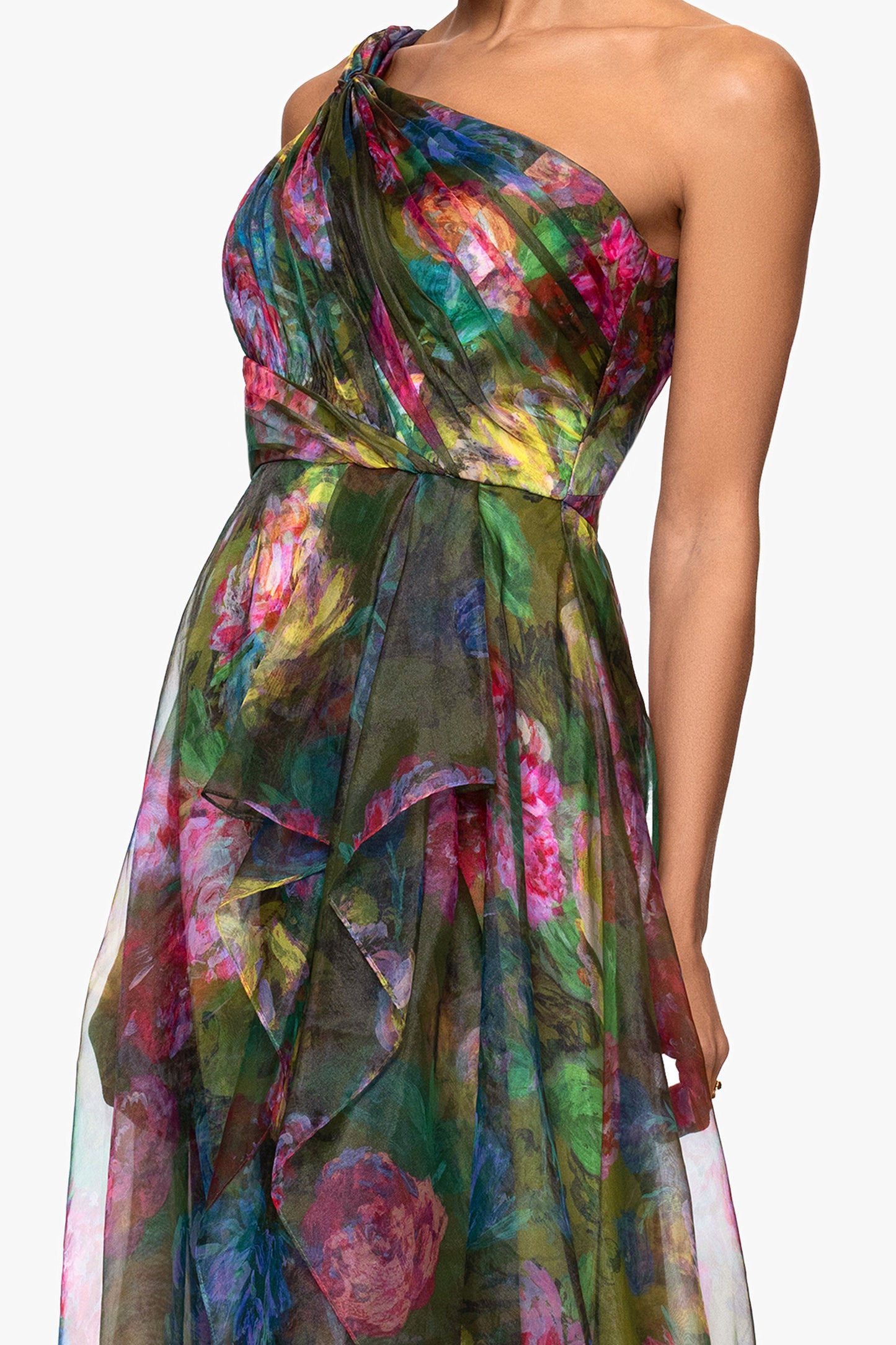 "Vera" Print Organza One Shoulder Floor Length Dress Green/Multi XSCAPE