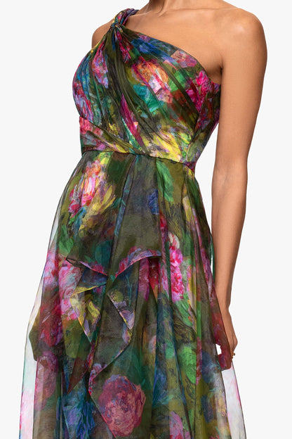 "Vera" Print Organza One Shoulder Floor Length Dress Green/Multi XSCAPE