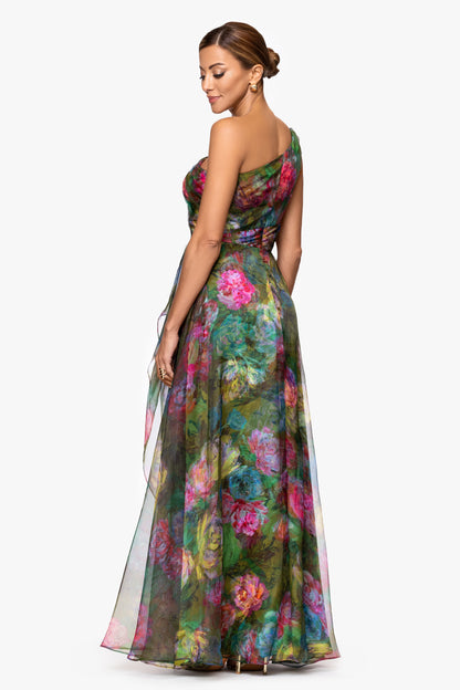 "Vera" Print Organza One Shoulder Floor Length Dress Green/Multi XSCAPE