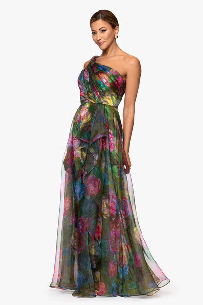 "Vera" Print Organza One Shoulder Floor Length Dress Green/Multi XSCAPE
