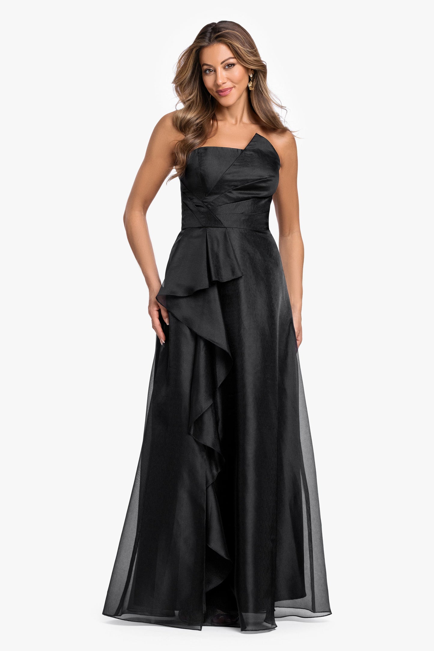 "Delaney" Metallic Organza Strapless Asymmetrical Dress Black XSCAPE