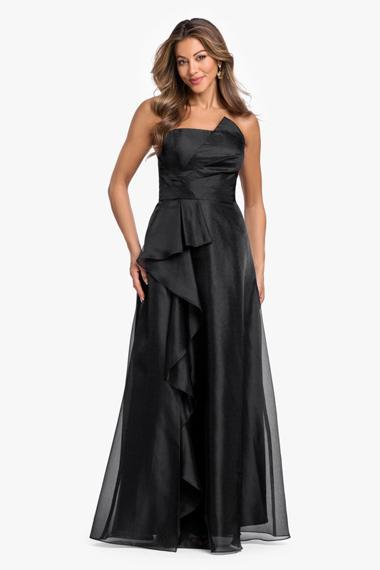 "Delaney" Metallic Organza Strapless Asymmetrical Dress Black XSCAPE