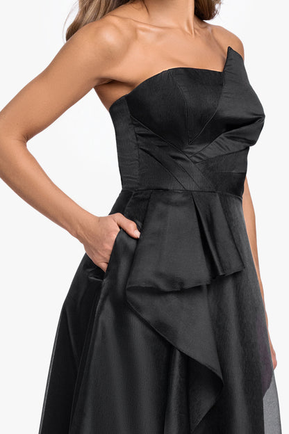 "Delaney" Metallic Organza Strapless Asymmetrical Dress Black XSCAPE