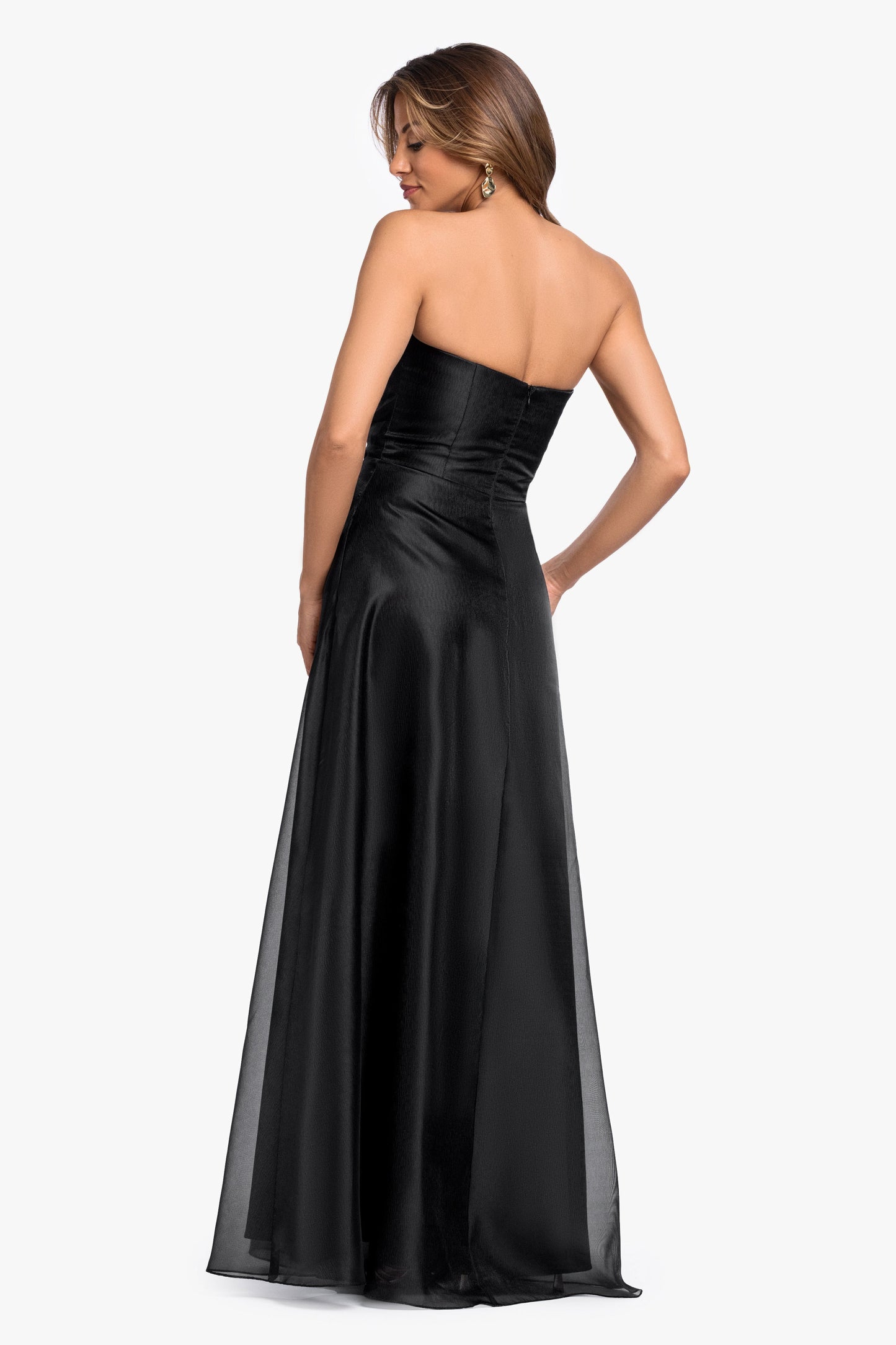 "Delaney" Metallic Organza Strapless Asymmetrical Dress Black XSCAPE