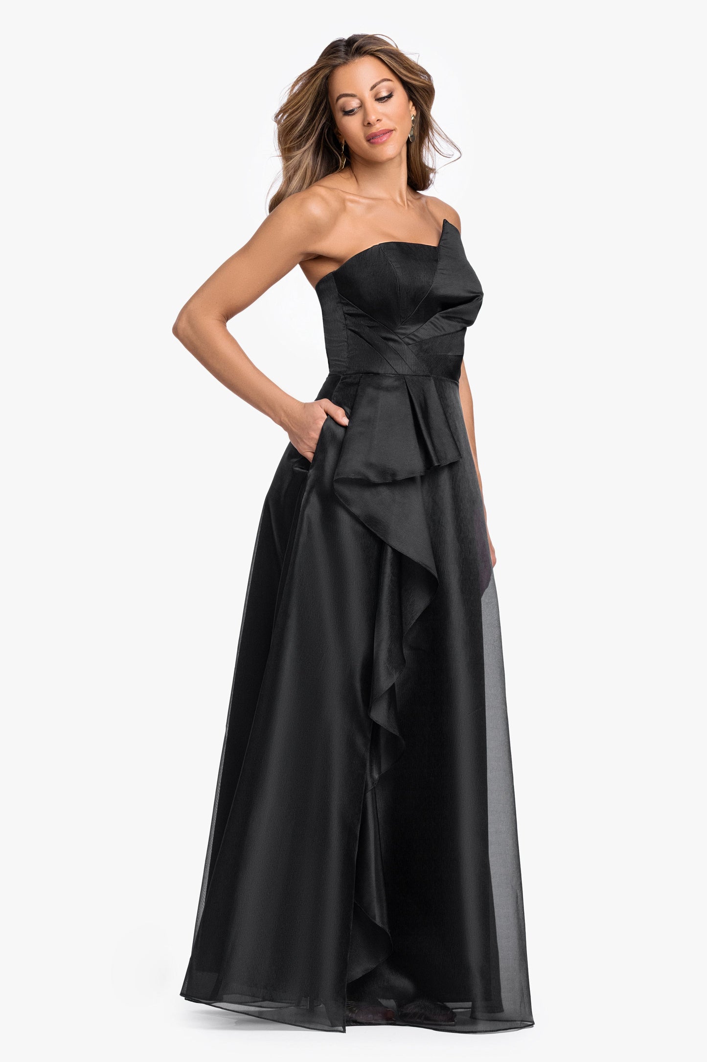"Delaney" Metallic Organza Strapless Asymmetrical Dress Black XSCAPE