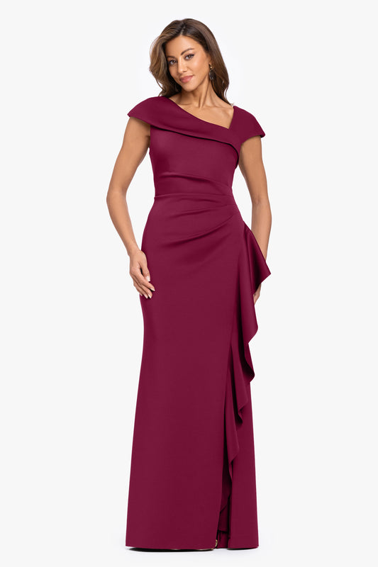 "Rory" Petite Techno Scuba Asymmetrical Side Ruffle Dress Wine XSCAPE