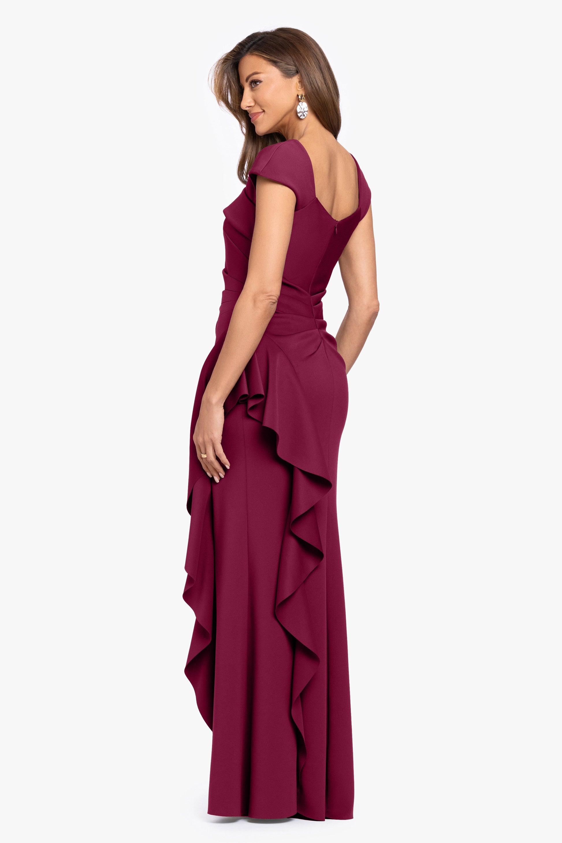 "Rory" Petite Techno Scuba Asymmetrical Side Ruffle Dress Wine XSCAPE