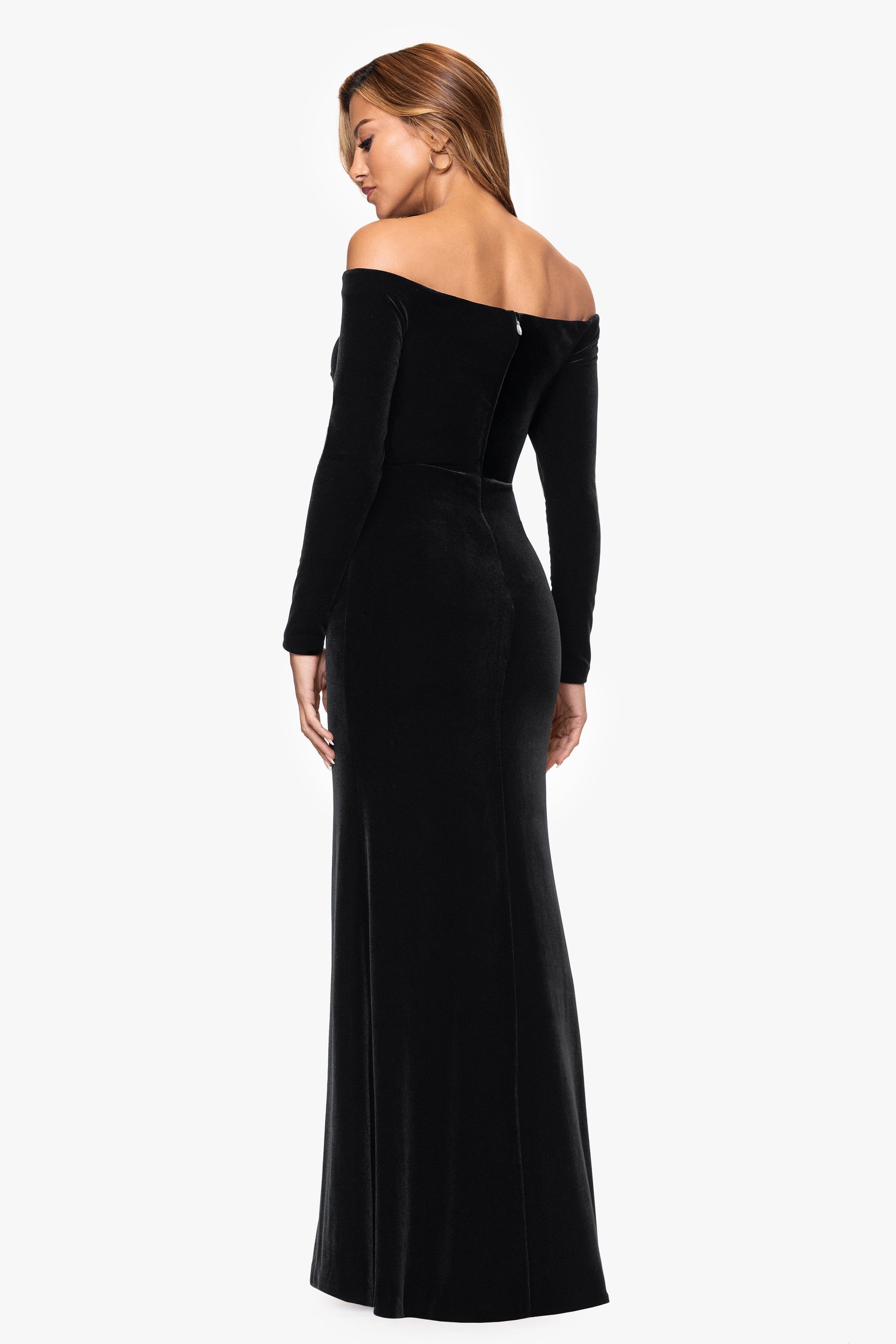 "Danni" Velvet Off The Shoulder Long Sleeve Dress Black XSCAPE