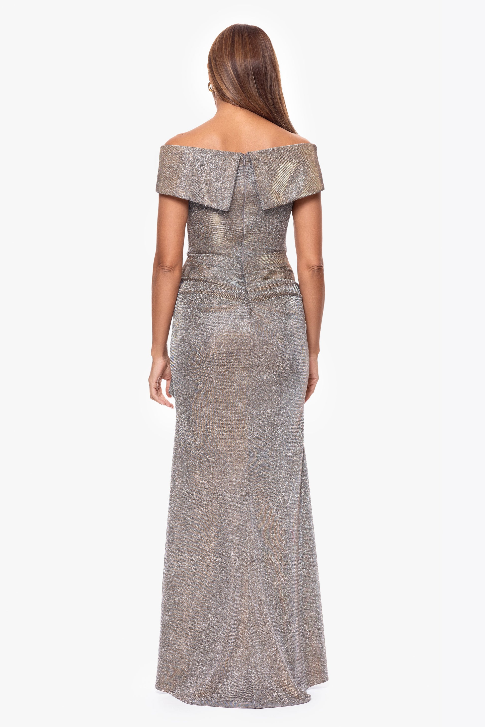 "Raveena" Foil Knit Ruffle Dress Sand XSCAPE