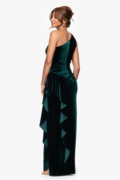 "Gemma" Stretch Velvet One Shoulder Ruffle Dress Hunter XSCAPE
