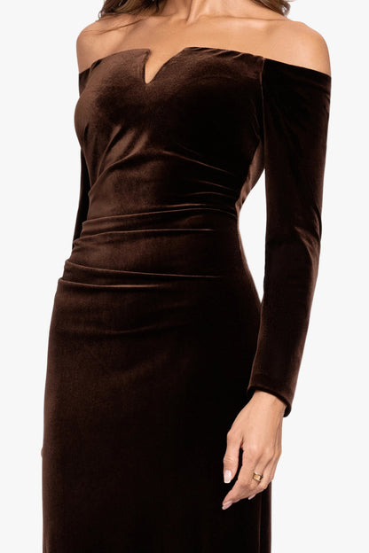 "Christy" Off the Shoulder Velvet Dress Brown XSCAPE